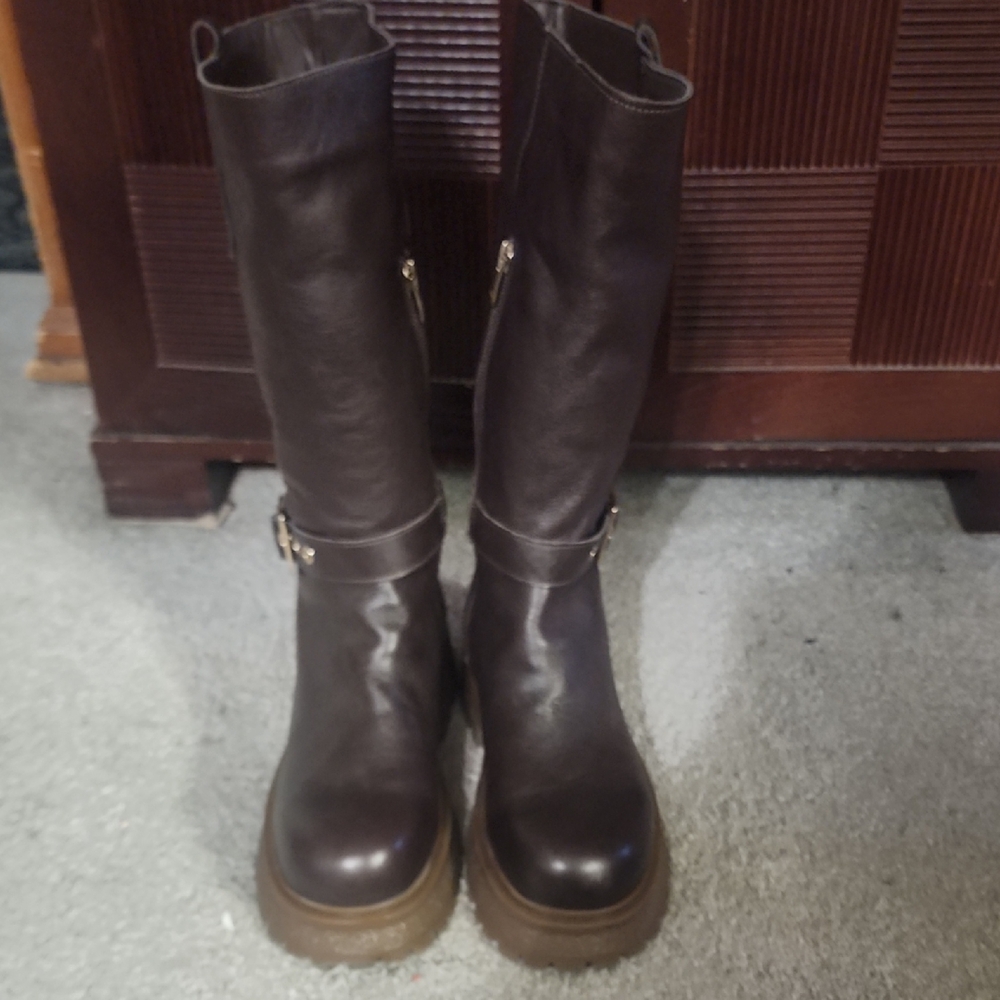 Steve Madden Dark Brown Leather Chunky Boots - Picture 2 of 3